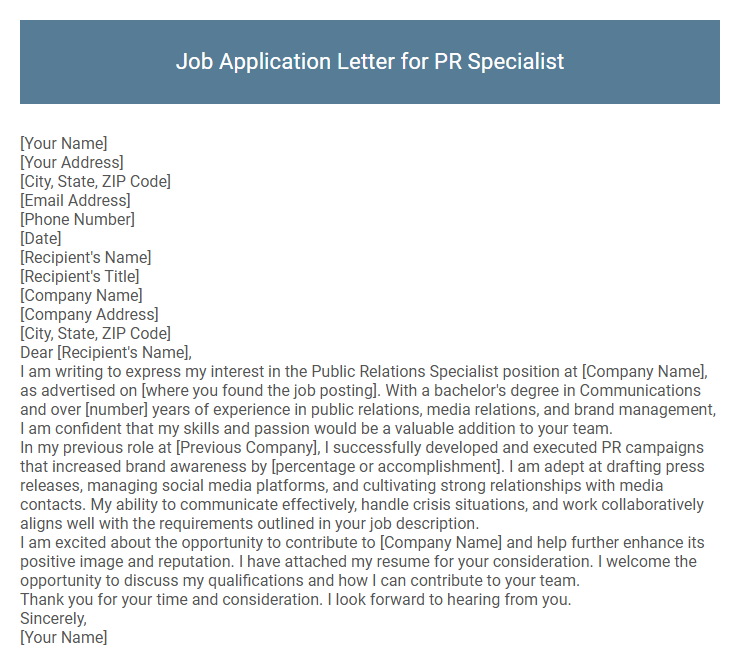Job Application Letter for PR Specialist