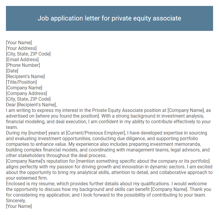 Job application letter for private equity associate