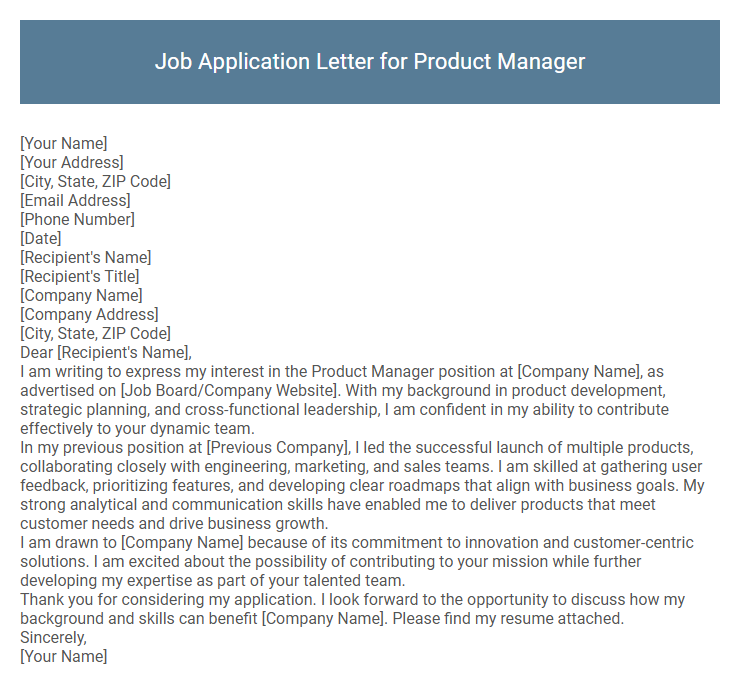 Job Application Letter for Product Manager