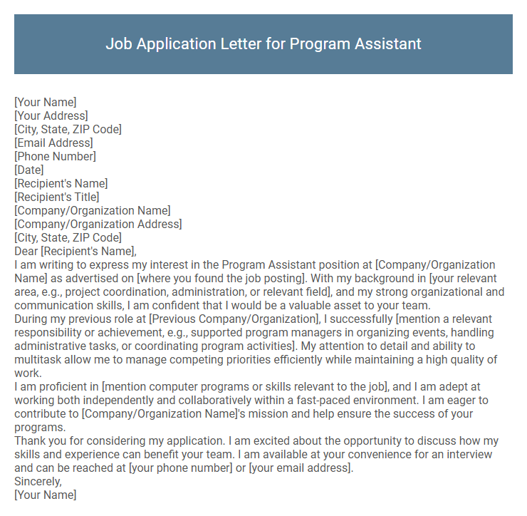 Job Application Letter for Program Assistant