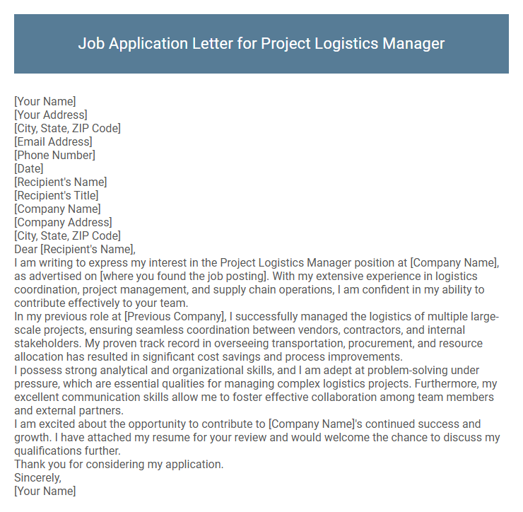 Job Application Letter for Project Logistics Manager