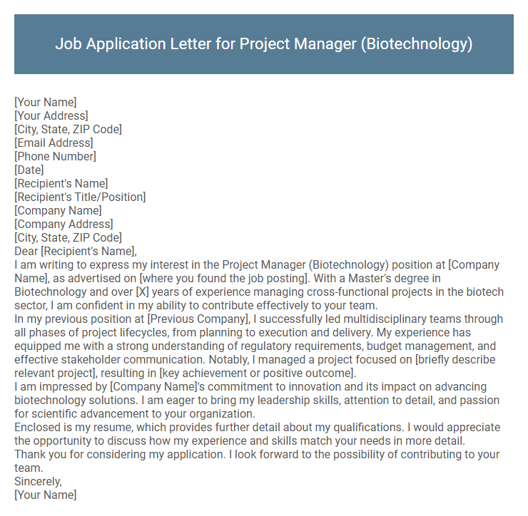 Job Application Letter for Project Manager (Biotechnology)