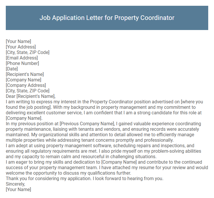 Job Application Letter for Property Coordinator