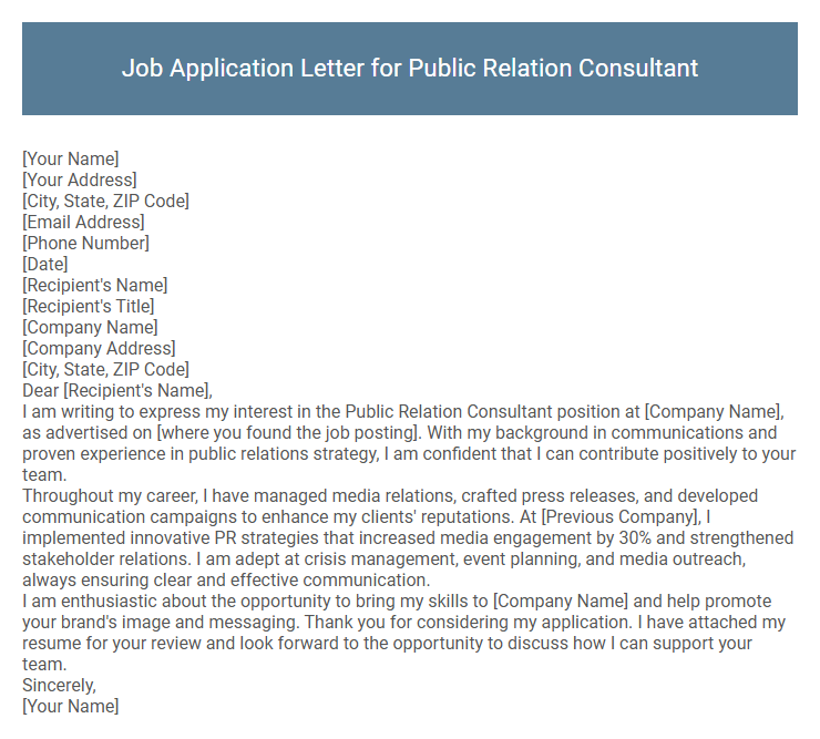 Job Application Letter for Public Relation Consultant