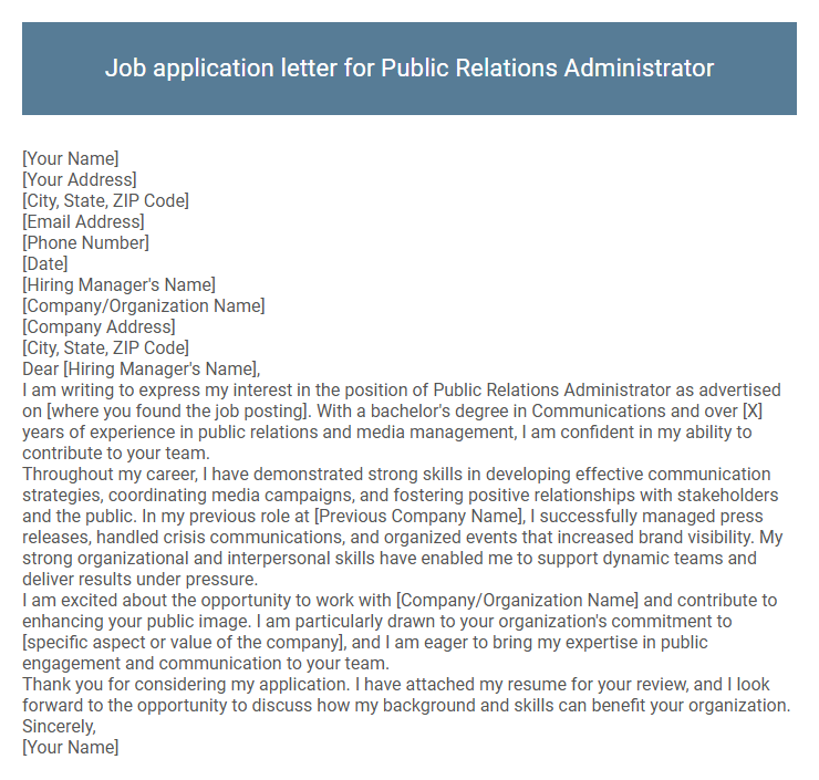 Job application letter for Public Relations Administrator