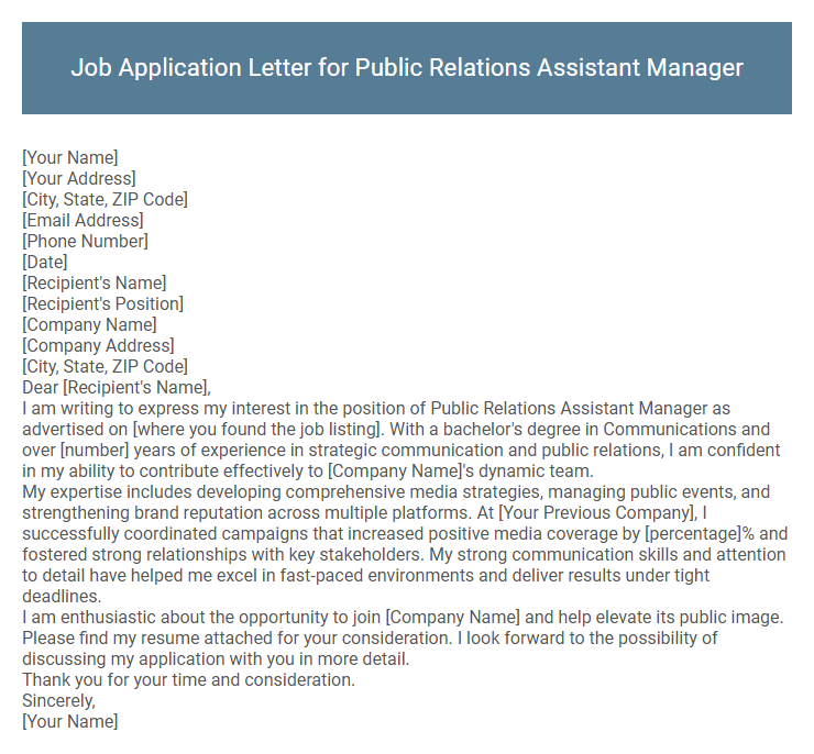 Job Application Letter for Public Relations Assistant Manager