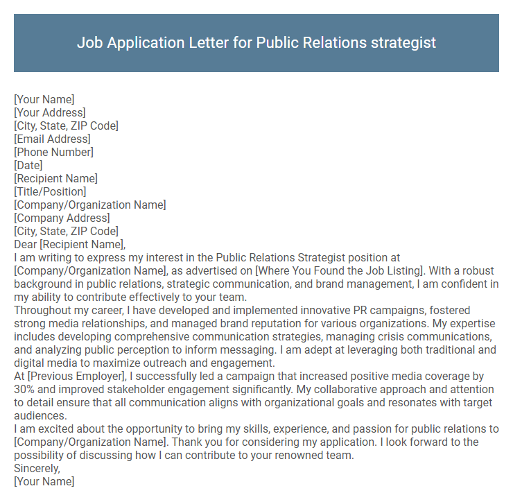 Job Application Letter for Public Relations strategist