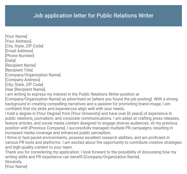 Job application letter for Public Relations Writer