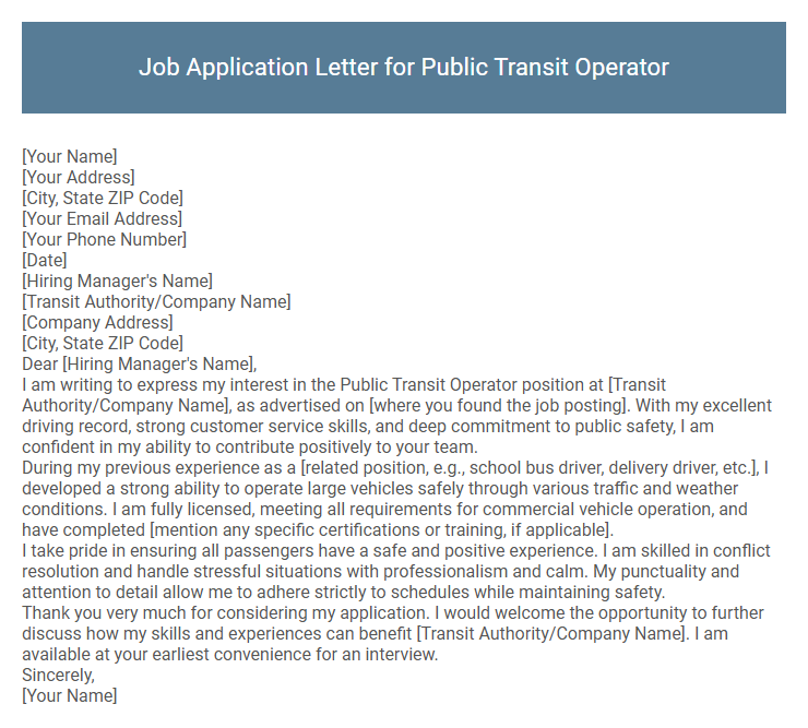Job Application Letter for Public Transit Operator