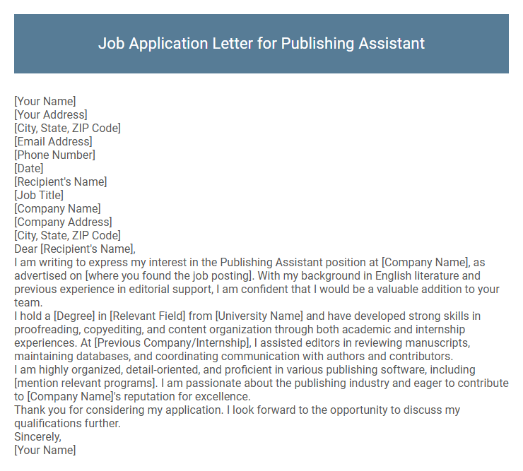 Job Application Letter for Publishing Assistant