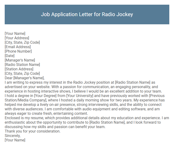 Job Application Letter for Radio Jockey