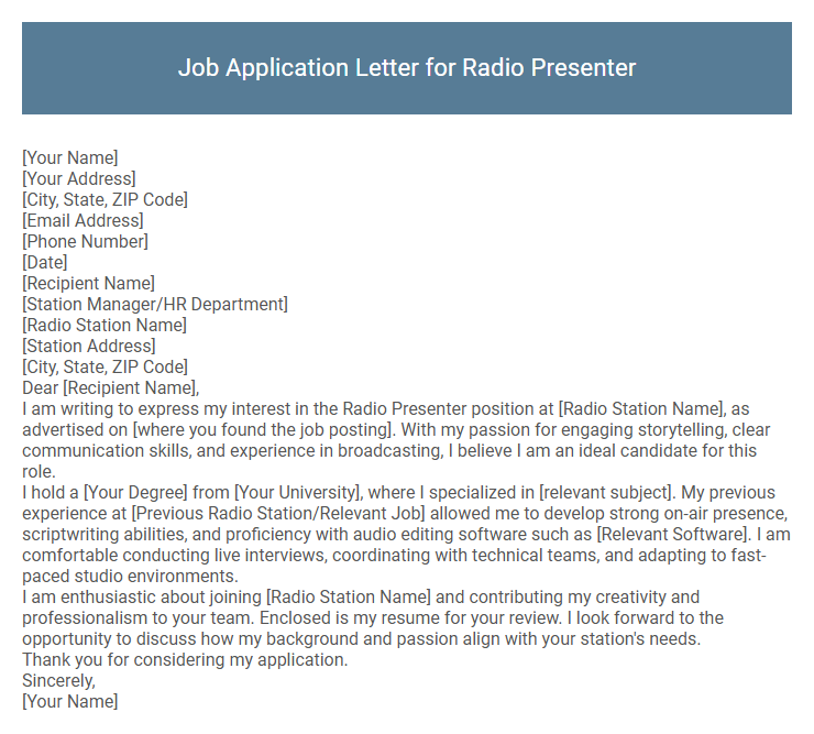 Job Application Letter for Radio Presenter