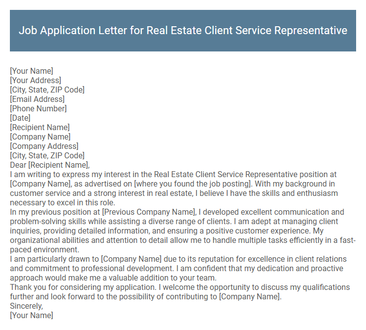 Job Application Letter for Real Estate Client Service Representative