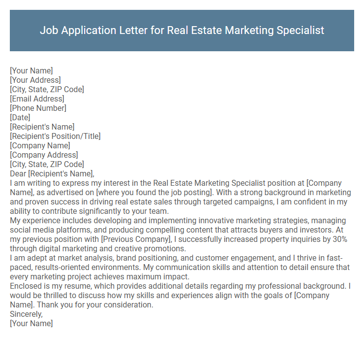 Job Application Letter for Real Estate Marketing Specialist
