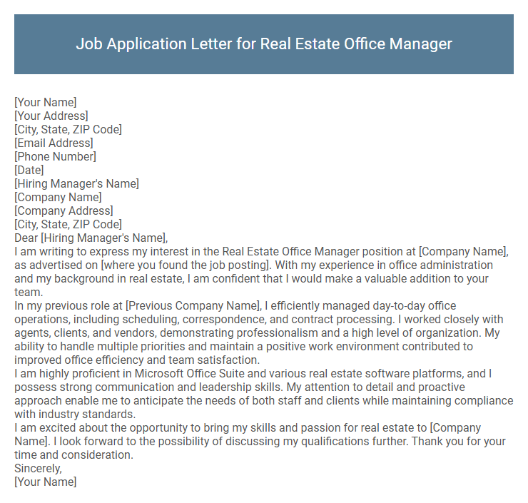Job Application Letter for Real Estate Office Manager