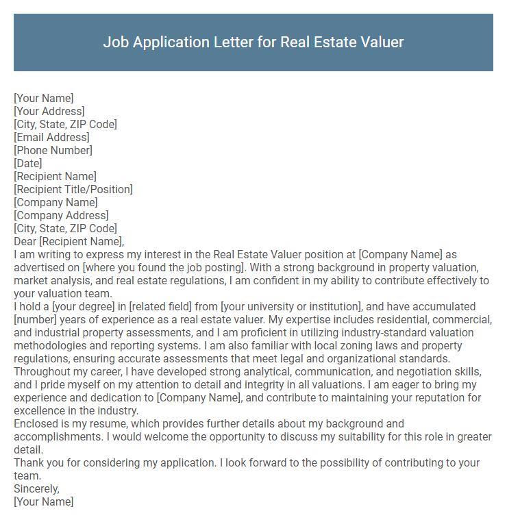 Job Application Letter for Real Estate Valuer