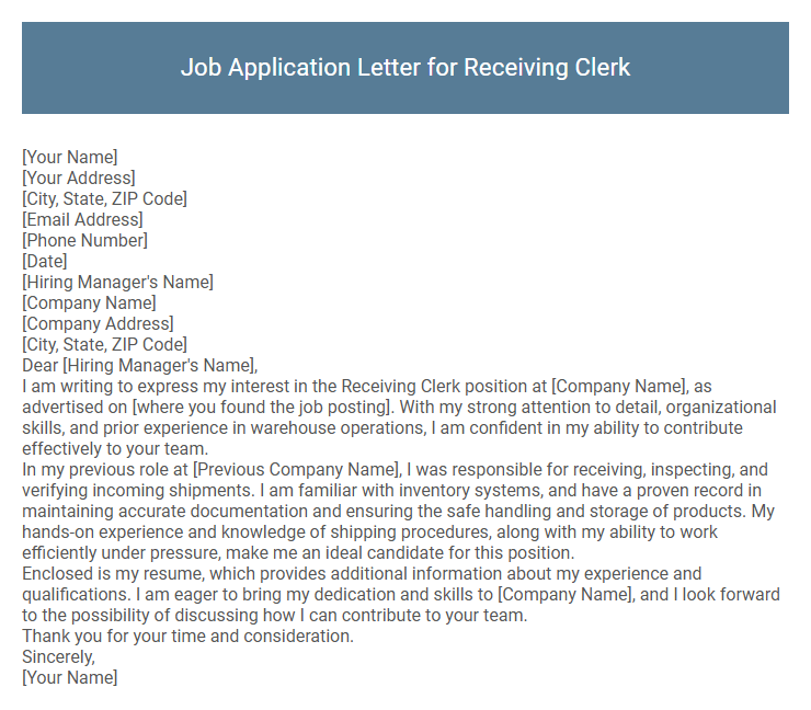 Job Application Letter for Receiving Clerk