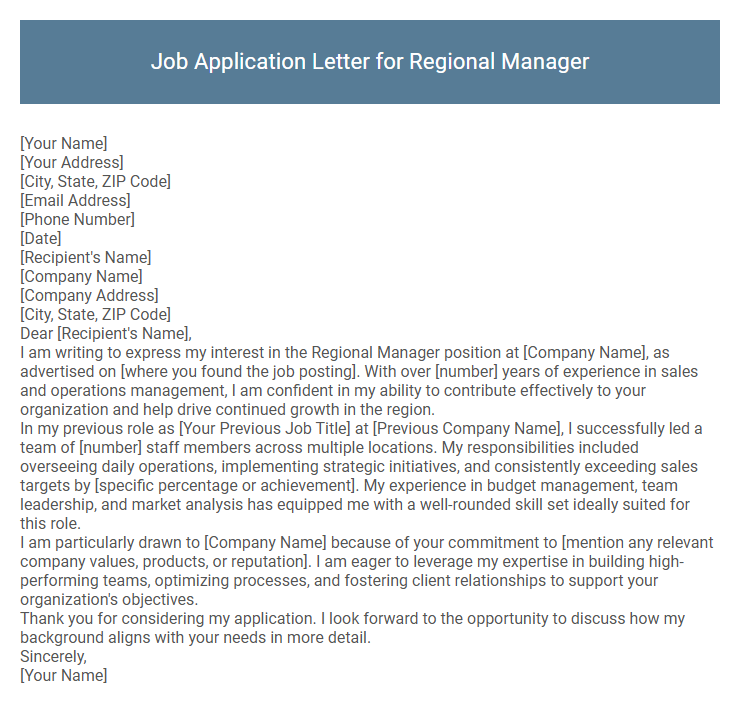 Job Application Letter for Regional Manager