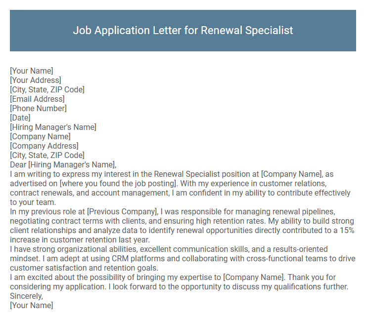 Job Application Letter for Renewal Specialist
