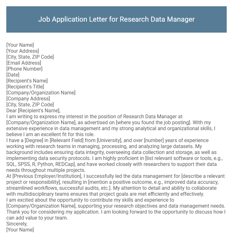 Job Application Letter for Research Data Manager