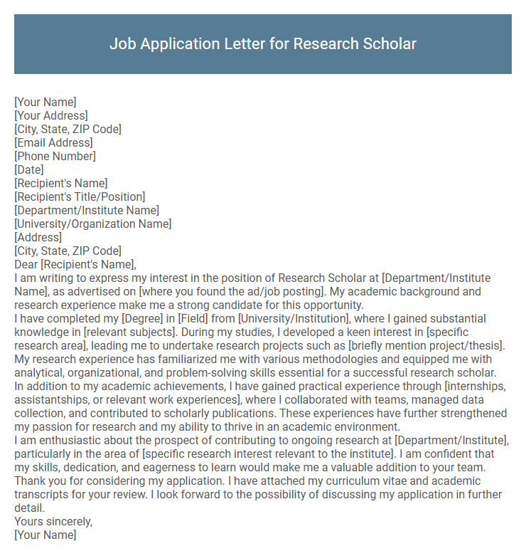 Job Application Letter for Research Scholar