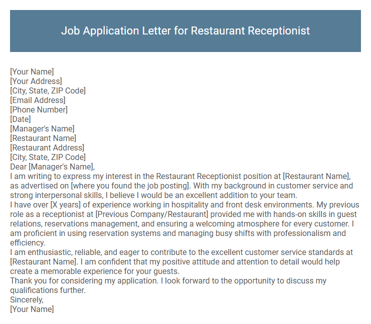 Job Application Letter for Restaurant Receptionist