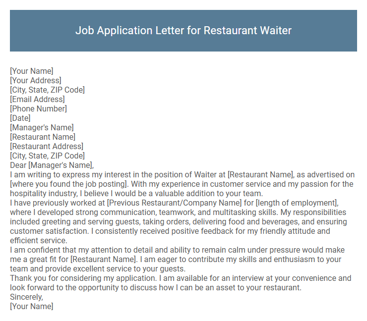 Job Application Letter for Restaurant Waiter