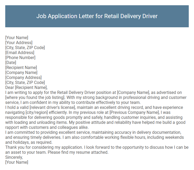 Job Application Letter for Retail Delivery Driver