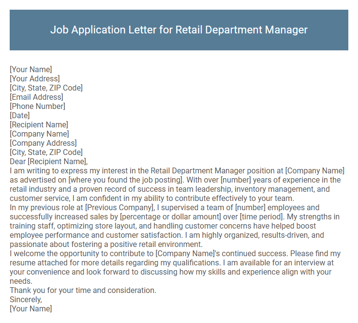Job Application Letter for Retail Department Manager