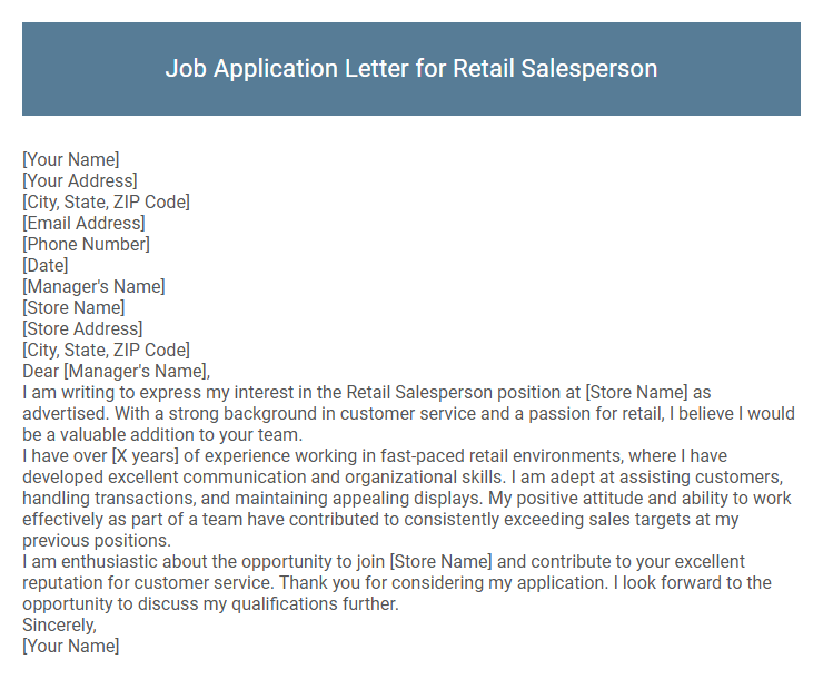 Job Application Letter for Retail Salesperson