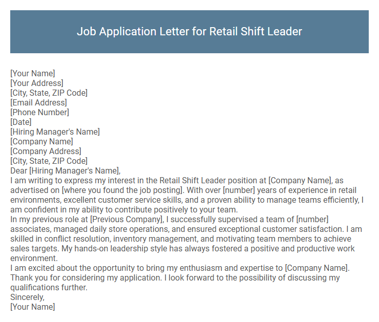 Job Application Letter for Retail Shift Leader