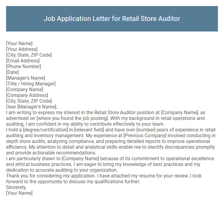 Job Application Letter for Retail Store Auditor
