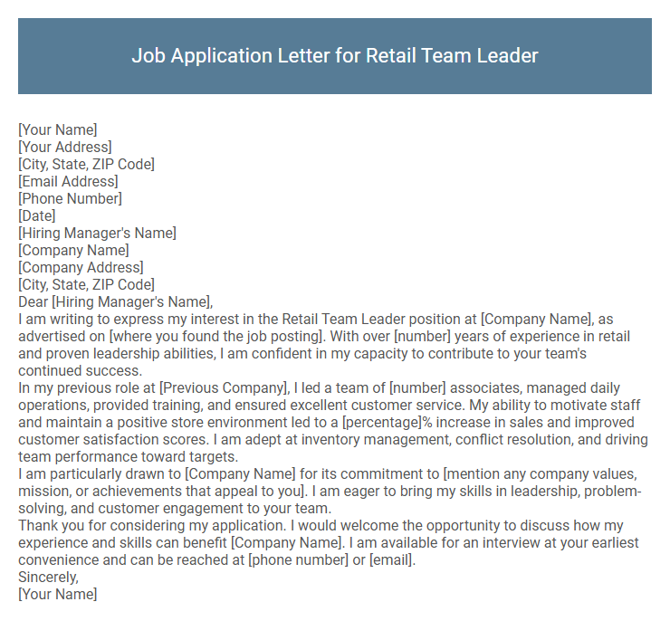 Job Application Letter for Retail Team Leader