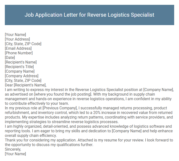 Job Application Letter for Reverse Logistics Specialist