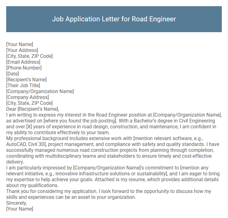 Job Application Letter for Road Engineer