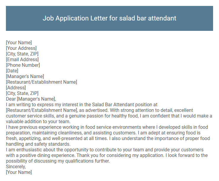 Job Application Letter for salad bar attendant