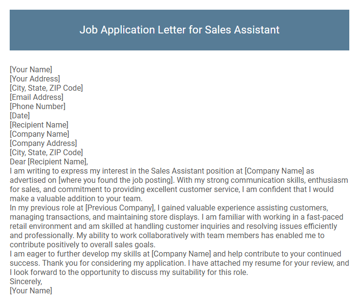 Job Application Letter for Sales Assistant