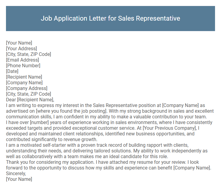 Job Application Letter for Sales Representative