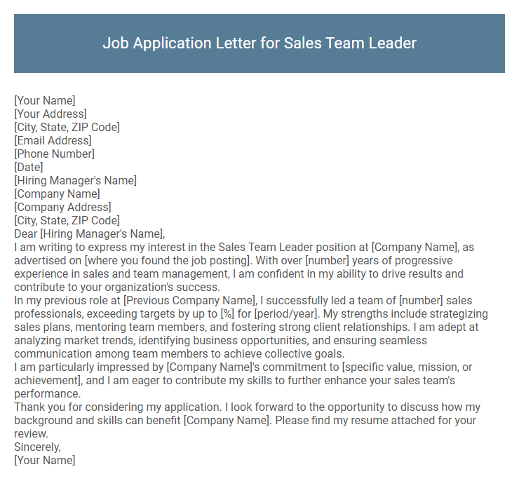 Job Application Letter for Sales Team Leader