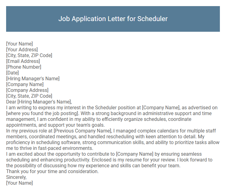 Job Application Letter for Scheduler