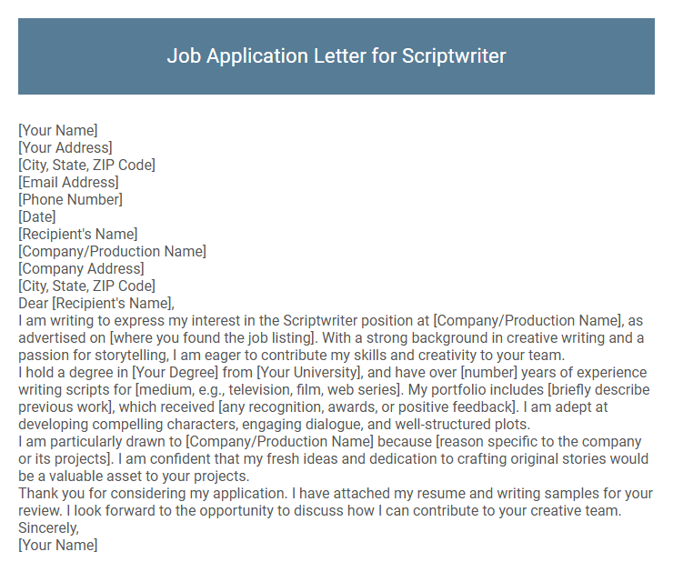 Job Application Letter for Scriptwriter