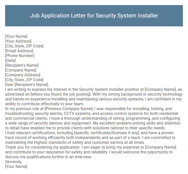 Job Application Letter for Security System Installer