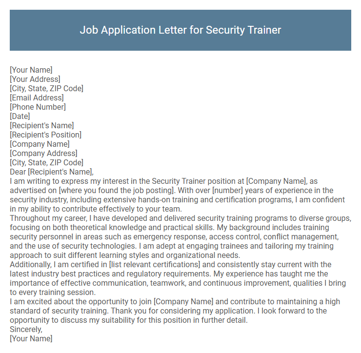 Job Application Letter for Security Trainer