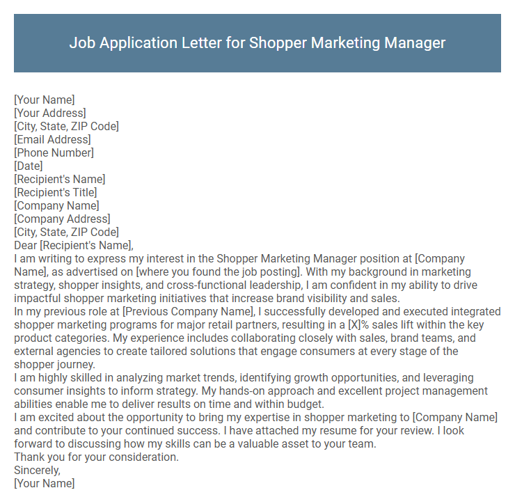 Job Application Letter for Shopper Marketing Manager