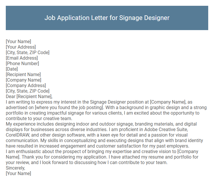 Job Application Letter for Signage Designer