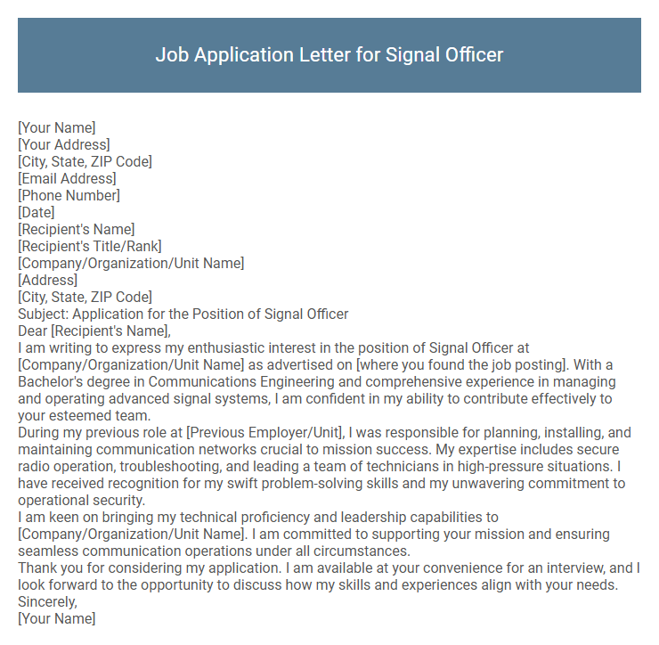Job Application Letter for Signal Officer