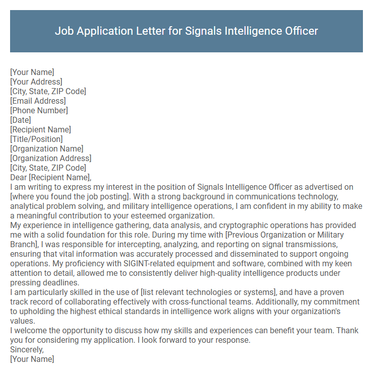 Job Application Letter for Signals Intelligence Officer