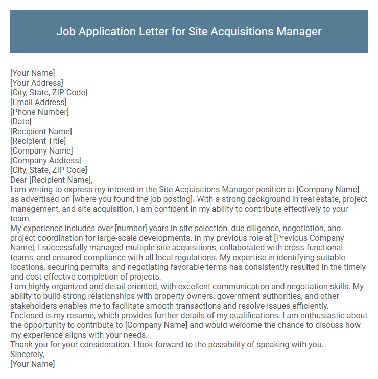 Job Application Letter for Site Acquisitions Manager