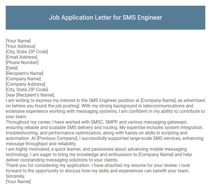 Job Application Letter for SMS Engineer
