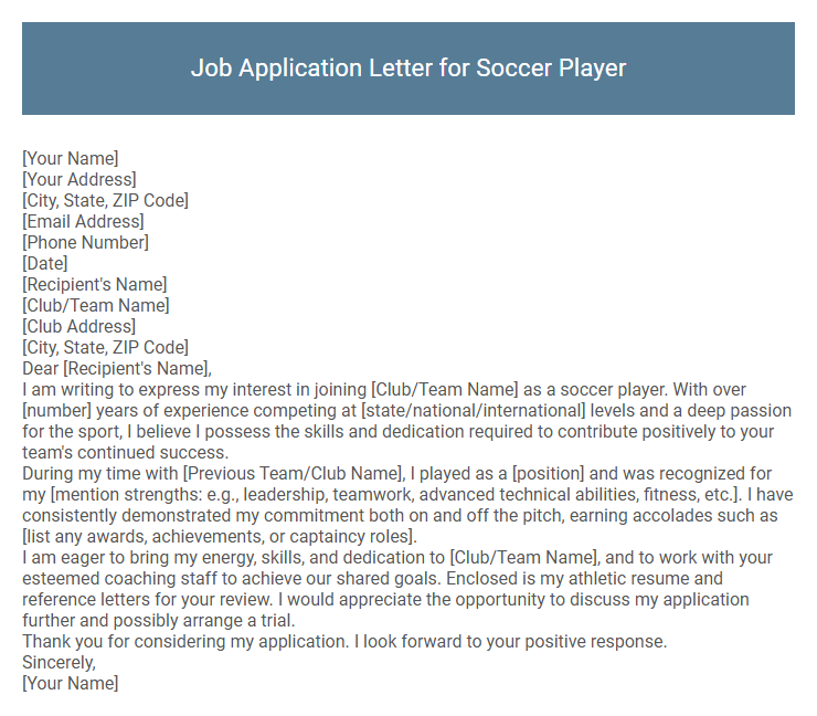 Job Application Letter for Soccer Player